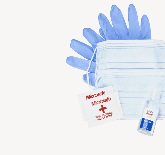 Hygiene Reiseset, Hygiene Hand Gel, Einweg-Mundschutz, Nitril-Handschuhe, Desinfektionstuch, Blau