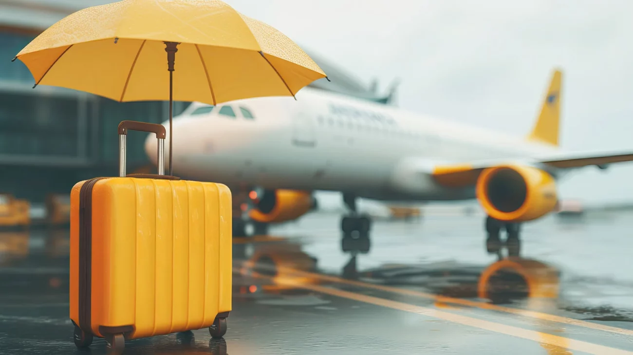 Ein gelber Koffer steht vor einem Linienflugzeug am Boden. Der Koffer wird durch einen gelben Regenschirm sicher vom Regen geschützt.