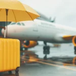 Ein gelber Koffer steht vor einem Linienflugzeug am Boden. Der Koffer wird durch einen gelben Regenschirm sicher vom Regen geschützt.