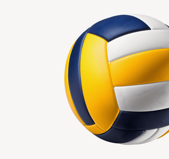 Volleyball in Blau, Gelb und Weiss auf weissem Hintergrund.