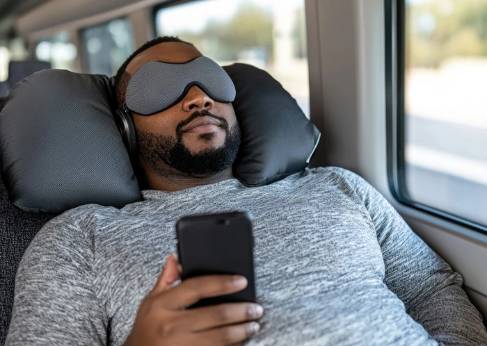 Ein Mann sitzt in einem Bus und schläft mit einer Schlafmaske aufgesetzt und einem Smartphone in der rechten Hand