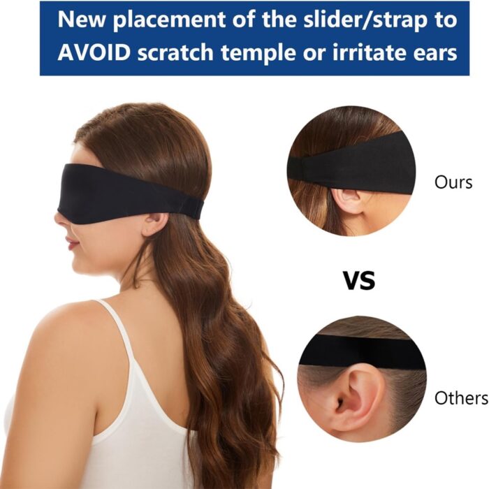 Vergleich der Schlafmaske mit anderen Modellen; Fokus auf das rutschfeste Design und den Komfort an den Schläfen und Ohren.