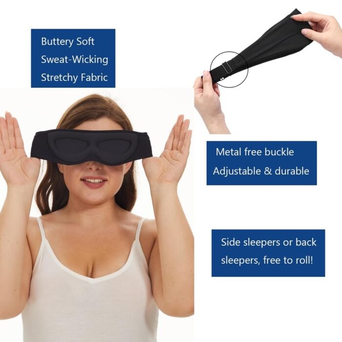 Frau, die eine schwarze Schlafmaske anzieht, mit hervorgehobenen Produktmerkmalen wie weichem, dehnbarem Material und metallfreiem Verschluss.