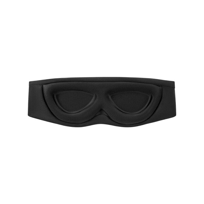Naheaufnahme einer schwarzen Schlafmaske mit ergonomischem Design und gepolsterten Augenpartien.