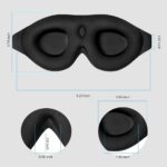 Technische Zeichnung der Masse einer schwarzen 3D-Schlafmaske mit Fokus auf ergonomisches Design.