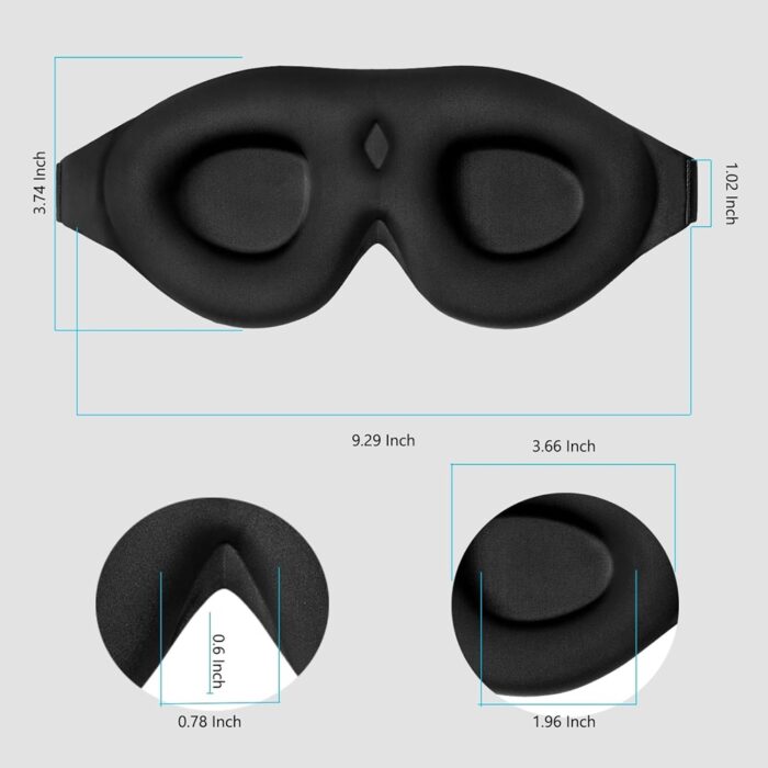 Technische Zeichnung der Masse einer schwarzen 3D-Schlafmaske mit Fokus auf ergonomisches Design.