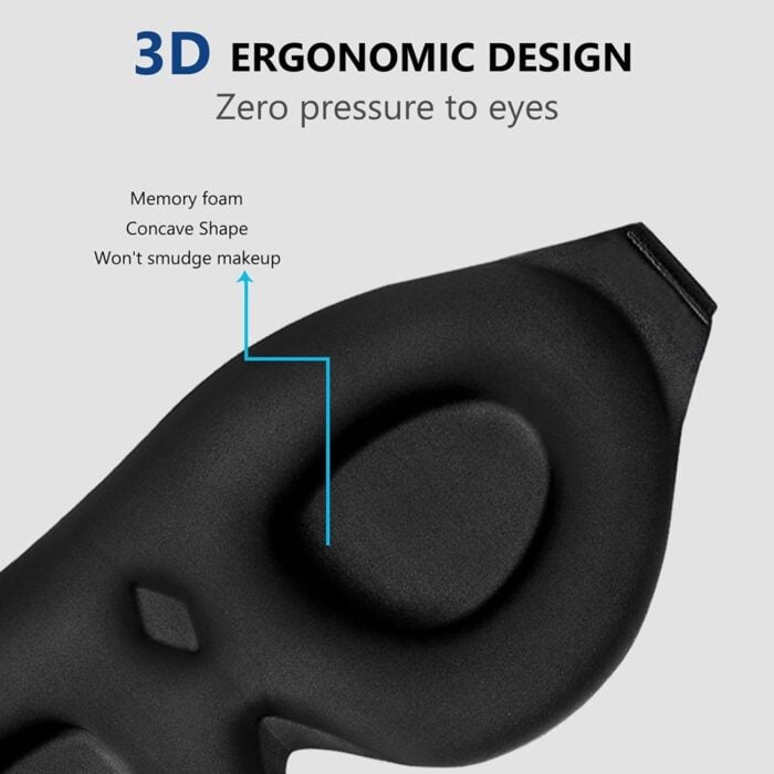 Detailaufnahme einer schwarzen 3D-Schlafmaske mit Memory Foam und ergonomischem Design.