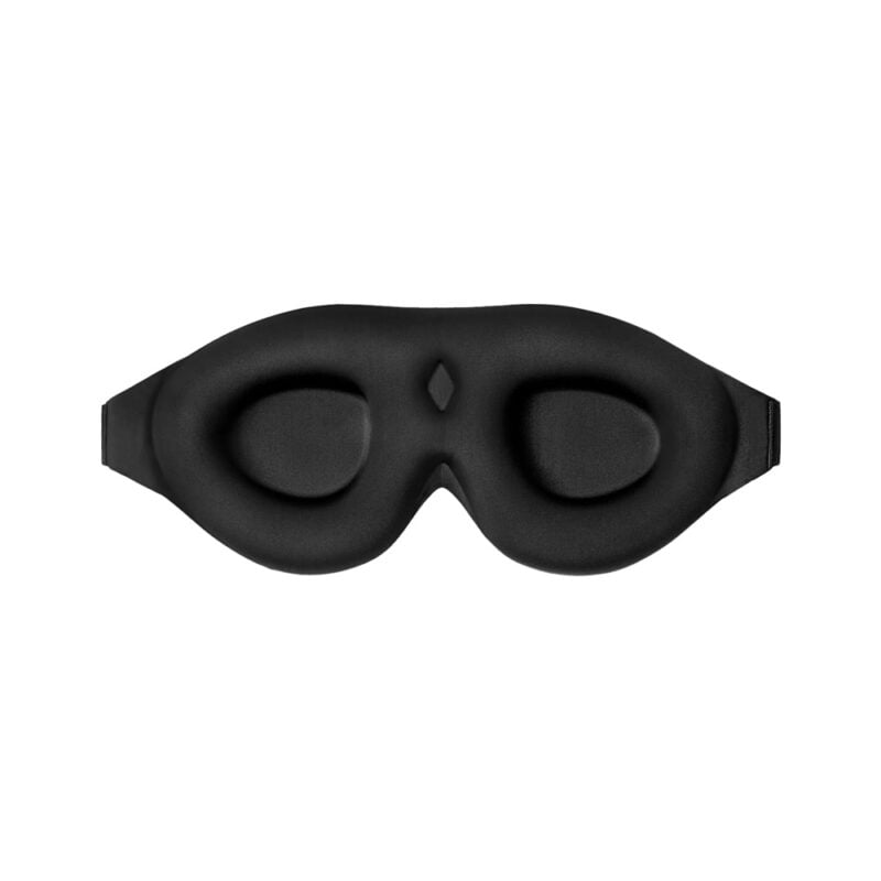 Naheaufnahme einer schwarzen 3D-Schlafmaske aus Memory Foam mit ergonomischer Augenpartie.