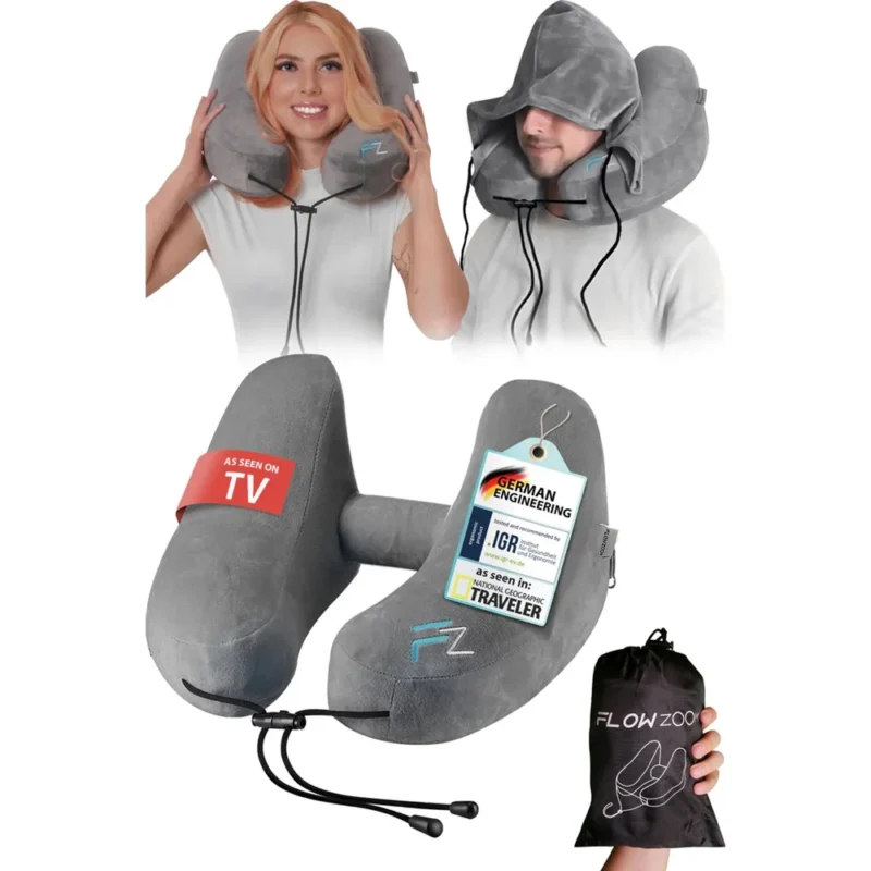 Graues aufblasbares Nackenkissen mit ergonomischer U-Form und erhöhten Seiten. Eine Tragetasche und das Luftventil sind ebenfalls abgebildet. Ein Mann und eine Frau zeigen die Nutzung.