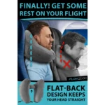 Zwei Männer im Flugzeug mit grauen Nackenkissen. Links ein entspannt schlafender Mann mit einem ergonomischen, flachrückigen Nackenkissen. Rechts ein Mann mit herkömmlichem Kissen, dessen Kopf nach vorne kippt. Unten eine Nahaufnahme des Kissens mit Hinweis auf das flache Rücken-Design.