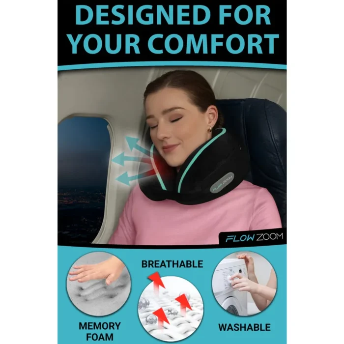 Frau entspannt im Flugzeug mit einem ergonomischen Reise Nackenkissen von Flow Zoom, das aus atmungsaktivem Memory-Schaum besteht und waschbar ist.