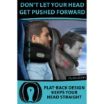 Ergonomisches Reise Nackenkissen von Flow Zoom mit flacher Rückseite, das verhindert, dass der Kopf nach vorne gedrückt wird – ideal für bequemes Schlafen im Flugzeug.