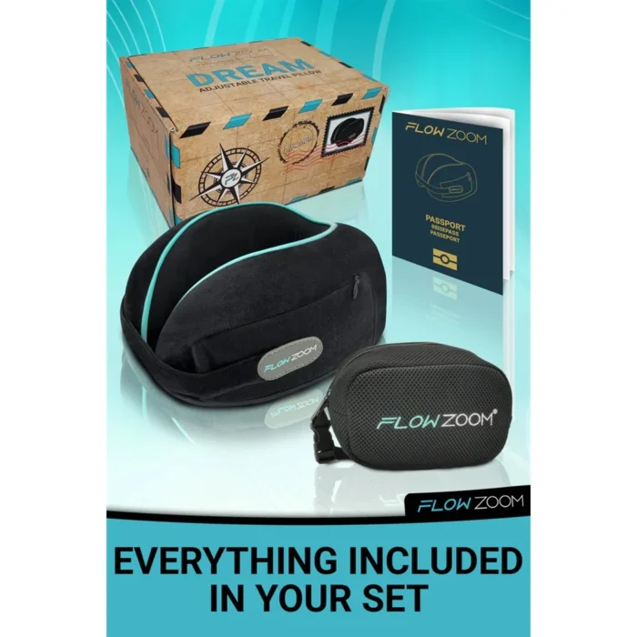 Reise Nackenkissen-Set von Flow Zoom mit ergonomischem Design, Transporttasche und Begleitbuch, präsentiert in einer stilvollen Verpackung für komfortables Reisen.
