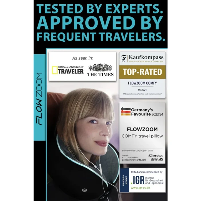 Bequemes Flugzeug Nackenkissen von FlowZoom mit Experten-Auszeichnungen und Top-Bewertungen. Empfohlen von Vielfliegern für maximalen Komfort auf Reisen.