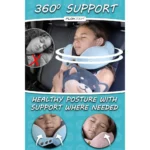 Kind schläft entspannt im Auto mit einem blauen Nackenhörnchen für Kleinkinder. Grafiken zeigen die 360°-Unterstützung für eine gesunde Kopfhaltung.