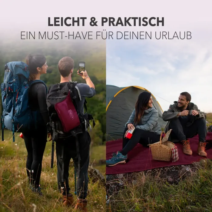 Zwei Szenen in der Natur: Links steht ein Paar beim Wandern mit grossen Rucksäcken, die Reisedecke ist am Rucksack befestigt. Rechts sitzt ein Paar vor einem Zelt auf einer dunkelroten Reisedecke, mit Picknickkorb und Getränken, während sie sich unterhalten.