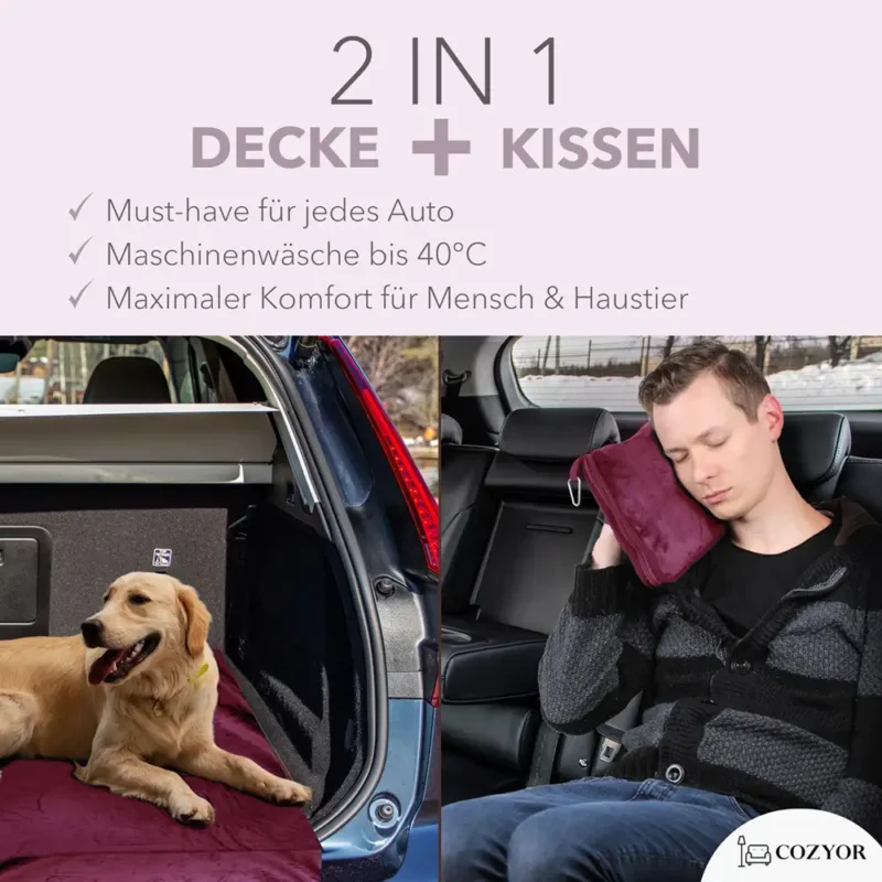 Eine dunkelrote 2-in-1 Decke und Kissen-Kombination im Einsatz. Links liegt ein Hund auf der Decke im Kofferraum eines Autos, rechts lehnt ein Mann im Auto an das Kissen und schläft. Text hebt Waschbarkeit und Vielseitigkeit hervor.