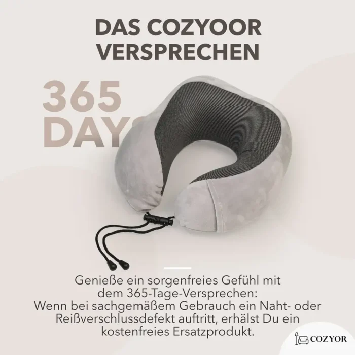 Reise Nackenkissen aus Memory Foam in Grau mit Kordelverschluss. 365-Tage-Garantie für Material- und Verarbeitungsfehler.