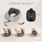 Reise Nackenkissen Memory Foam in Grau, kompakt aufrollbar und in einem 15cm hohen Beutel verstaubar.