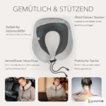Graues Reise Nackenkissen Memory Foam mit anatomischer Form und Nackenstütze. Markierungen zeigen Eigenschaften: Stützfunktion, verstellbarer Verschluss und integrierte Tasche. Drei kleine Bilder zeigen das Kissen im Auto, am Schreibtisch und eine Person mit Nackenschmerzen.