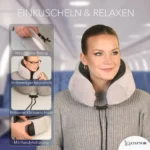 Reise Nackenkissen Memory Foam Grau – ergonomisches Kissen mit waschbarem Bezug, robuster Verschluss und praktischer Handyhalterung für entspanntes Reisen.