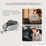 Graues Reise Nackenkissen Memory Foam mit hypoallergenen Eigenschaften, abgebildet mit Massen. Zwei Szenen: Frau trägt das Kissen beim Arbeiten am Laptop und beim Schlafen im Auto.