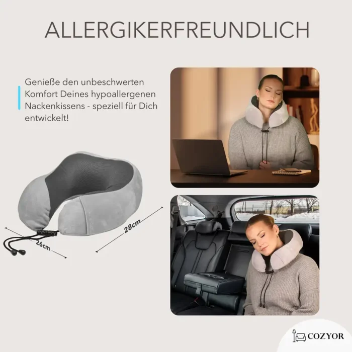 Graues Reise Nackenkissen Memory Foam mit hypoallergenen Eigenschaften, abgebildet mit Massen. Zwei Szenen: Frau trägt das Kissen beim Arbeiten am Laptop und beim Schlafen im Auto.