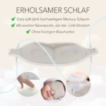 Schlafmaske und Ohrstöpsel mit Memory-Schaum für erholsamen Schlaf. Eine beige Schlafmaske mit ergonomischer Form und weicher Nasenpartie. Kleine Bilder zeigen die Memory-Schaum-Polsterung, eine Person mit der Maske und das verstellbare Band.