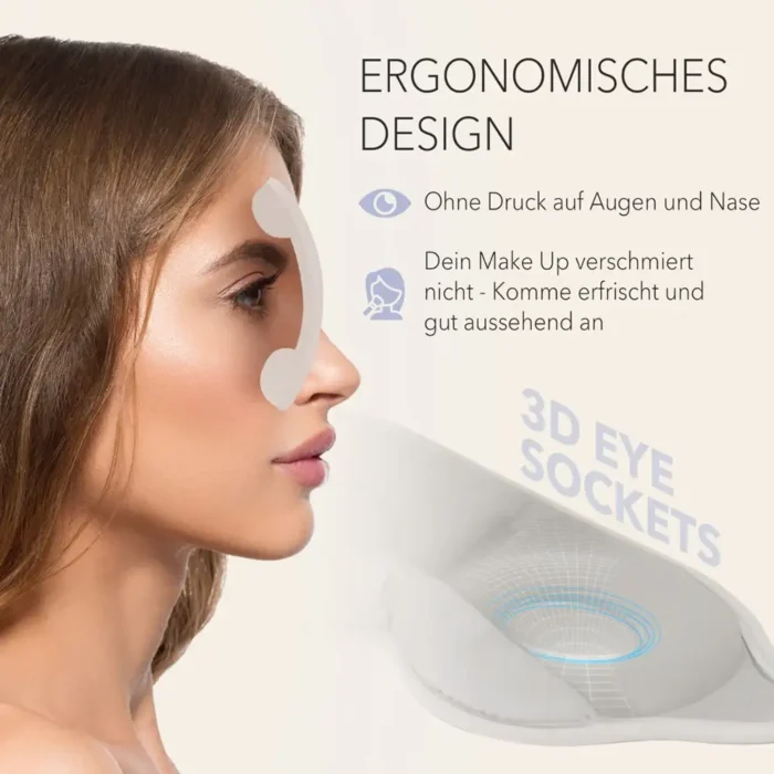 Schlafmaske und Ohrstöpsel mit 3D-Design für druckfreien Sitz. Eine Frau mit visualisierter beiger Schlafmaske zeigt den ergonomischen Augenbereich, der Druck auf die Augen vermeidet. Die Maske hat tiefe Augenmulden für mehr Komfort.