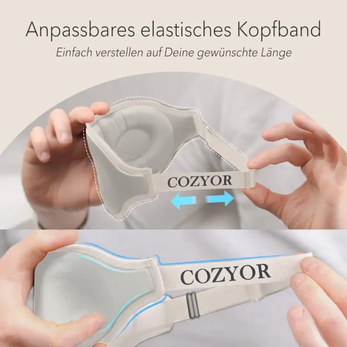 Schlafmaske und Ohrstöpsel mit verstellbarem elastischem Kopfband. Zwei Hände zeigen, wie das Kopfband der beigen Schlafmaske an die gewünschte Grösse angepasst werden kann.