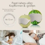 Beige Schlafmaske und Ohrstöpsel-Set, dargestellt mit verschiedenen Kopfgrössen. Zwei Melonen tragen die Schlafmaske, daneben eine Grafik mit einem verstellbaren Band (46-72 cm). Unten schlafen ein Mädchen mit Teddybär und ein Junge mit der Maske.