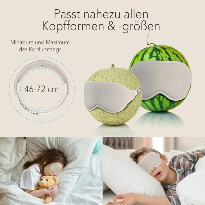 Beige Schlafmaske und Ohrstöpsel-Set, dargestellt mit verschiedenen Kopfgrössen. Zwei Melonen tragen die Schlafmaske, daneben eine Grafik mit einem verstellbaren Band (46-72 cm). Unten schlafen ein Mädchen mit Teddybär und ein Junge mit der Maske.