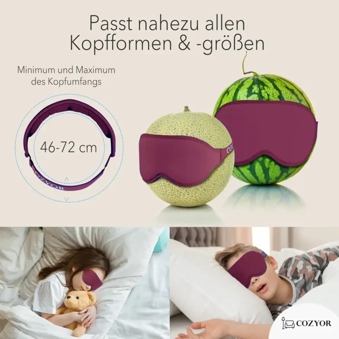 Dunkelrote Schlafmaske und Ohrstöpsel-Set, dargestellt mit verschiedenen Kopfgrössen. Zwei Melonen tragen die Schlafmaske, daneben eine Grafik mit einem verstellbaren Band (46-72 cm). Unten schlafen ein Mädchen mit Teddybär und ein Junge mit der Maske.