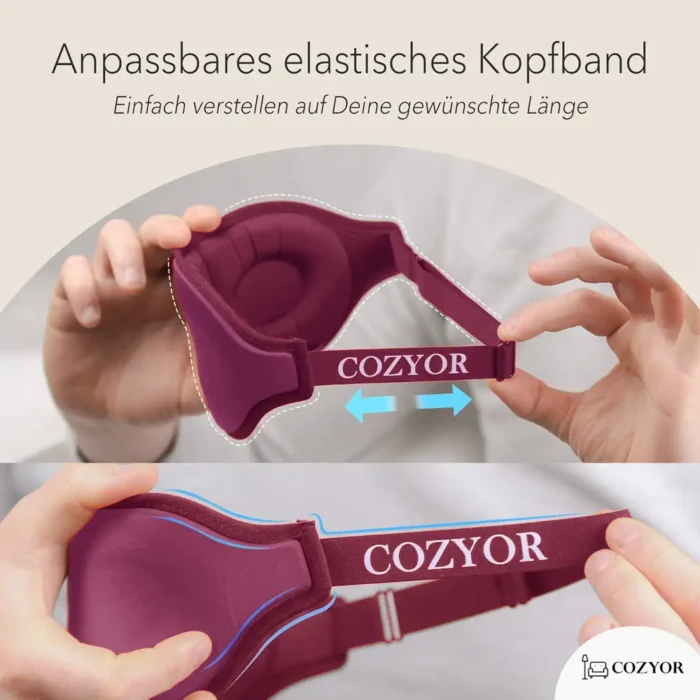 Schlafmaske und Ohrstöpsel mit verstellbarem elastischem Kopfband. Zwei Hände zeigen, wie das Kopfband der dunkelroten Schlafmaske an die gewünschte Grösse angepasst werden kann.