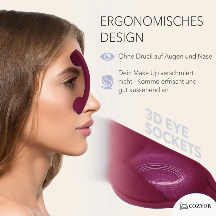 Schlafmaske und Ohrstöpsel mit 3D-Design für druckfreien Sitz. Eine Frau mit visualisierter dunkelroter Schlafmaske zeigt den ergonomischen Augenbereich, der Druck auf die Augen vermeidet. Die Maske hat tiefe Augenmulden für mehr Komfort.
