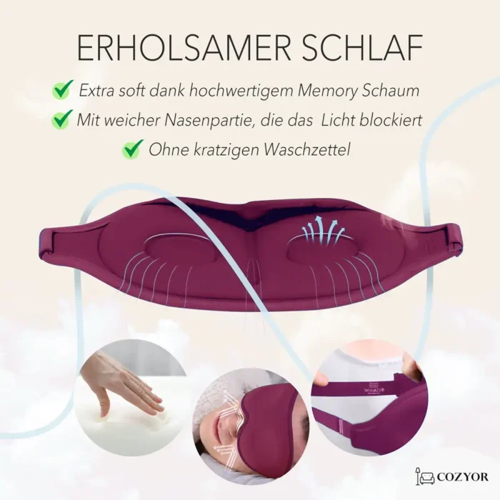 Schlafmaske und Ohrstöpsel mit Memory-Schaum für erholsamen Schlaf. Eine dunkelrote Schlafmaske mit ergonomischer Form und weicher Nasenpartie. Kleine Bilder zeigen die Memory-Schaum-Polsterung, eine Person mit der Maske und das verstellbare Band.
