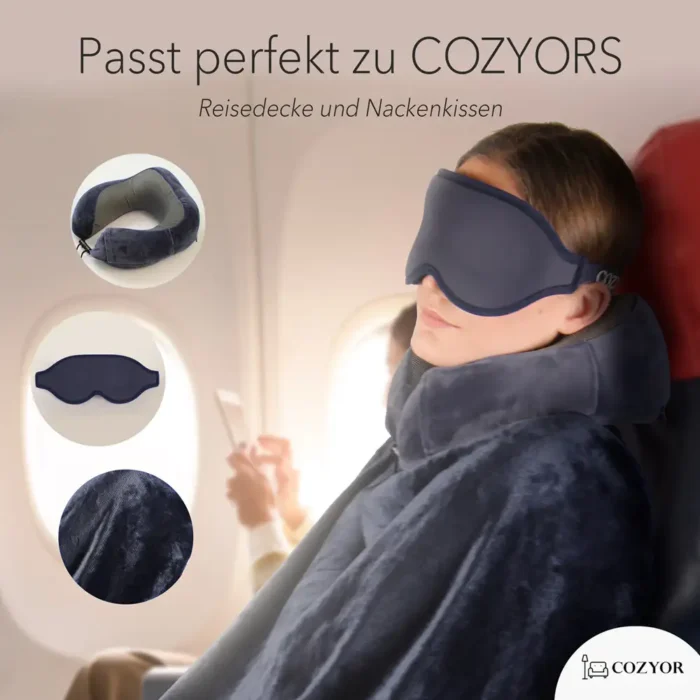 Schlafmaske und Ohrstöpsel für entspanntes Reisen. Eine Person schläft im Flugzeug mit einer schwarzen Schlafmaske, einem Nackenkissen und einer weichen Reisedecke. Kleine Kreise zeigen Nahaufnahmen der Materialien und des Zubehörs.