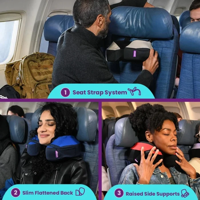 Reisende im Flugzeug nutzen ein ergonomisches Flugzeug Nackenkissen mit innovativem Seat Strap System für sicheren Halt. Das Kissen bietet eine flache Rückseite für optimalen Sitzkomfort und erhöhte Seitenstützen für stabilen Halt des Kopfes während des Fluges.
