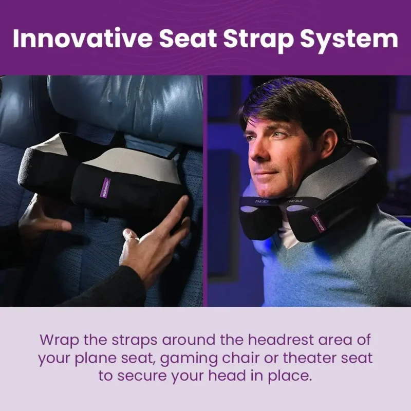 Ein innovatives Flugzeug Nackenkissen Flugzeug mit Sitzgurtsystem. Links wird das Kissen an einer Flugzeugsitzlehne befestigt, rechts trägt ein Mann das ergonomische Reisekissen für stabilen Halt und Komfort während des Fluges.