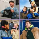 Menschen nutzen ein ergonomisches Flugzeug Nackenkissen und auf Reisen. Szenen zeigen das Kissen im Einsatz während des Fliegens, beim Packen im Handgepäck und auf Autoreisen. Bequemes Design für maximalen Komfort unterwegs.
