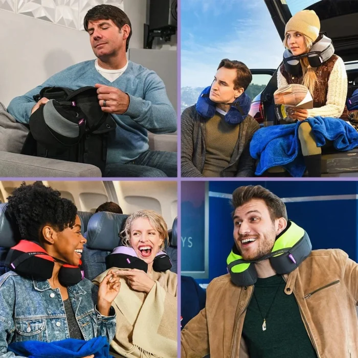 Menschen nutzen ein ergonomisches Flugzeug Nackenkissen und auf Reisen. Szenen zeigen das Kissen im Einsatz während des Fliegens, beim Packen im Handgepäck und auf Autoreisen. Bequemes Design für maximalen Komfort unterwegs.