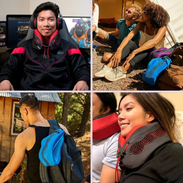 Vielseitig einsetzbares kühlendes Nackenkissen: Ein Gamer trägt das ergonomische Kissen beim Spielen, während Reisende es beim Camping, auf dem Rucksack oder beim Entspannen nutzen.