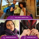 Reisende mit kühlendem Nackenkissen aus Memory Foam. Eine Person trägt das ergonomische Kissen beim Schlafen im Auto, während eine Nahaufnahme den verstellbaren Verschluss zeigt.