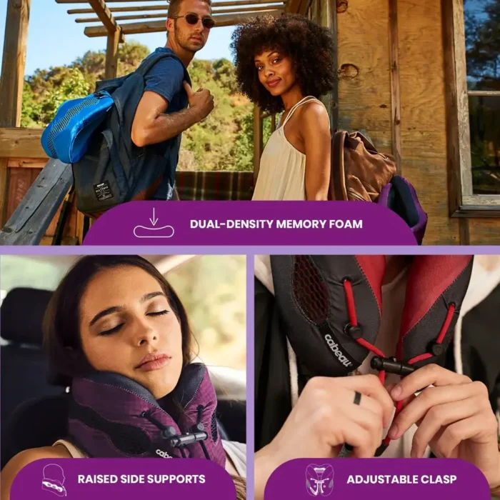 Reisende mit kühlendem Nackenkissen aus Memory Foam. Eine Person trägt das ergonomische Kissen beim Schlafen im Auto, während eine Nahaufnahme den verstellbaren Verschluss zeigt.