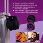 Kühlendes Nackenkissen in kompakter Reisetasche, befestigt an einem Koffer. Gezeigt wird das platzsparende Design mit Transporttasche und Anwendung beim Reisen.