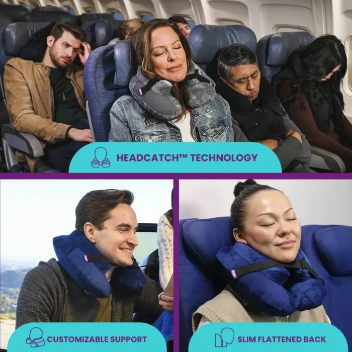 AIR TNE - Aufblasbares Nackenkissen Drei Bilder zeigen ein ergonomisches Nackenkissen: Oben nutzt eine Frau im Flugzeug ein graues Kissen, während andere Passagiere unbequem schlafen. Unten links trägt ein Mann ein blaues Kissen und lacht, unten rechts lehnt eine Frau mit geschlossenen Augen in einem Sitz. Die Labels betonen die "HeadCatch™ Technology", anpassbare Unterstützung und eine flache Rückenpartie für Komfort.