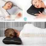 Eine Frau nutzt ein Memory Foam Reisekissen in verschiedenen Schlafpositionen: oben links mit grauem Bezug, oben rechts mit schwarzem Bezug und goldener Umrandung. Unten liegt sie auf dem schwarzen Kissen, eine Illustration zeigt die ergonomische Unterstützung der Wirbelsäule. Symbole heben die Waschbarkeit bei 40°C und die hypoallergenen Eigenschaften hervor.