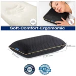 Ein schwarzes Memory Foam Reisekissen mit goldener Umrandung wird mit seinen Massen (45 x 25 x 10 cm) dargestellt. Oben links ist eine Nahaufnahme der Memory-Foam-Struktur, oben rechts schläft eine Frau entspannt auf dem Kissen. Unten sind Garantiesiegel für 30 Tage Geld-zurück und 5 Jahre Garantie zu sehen.
