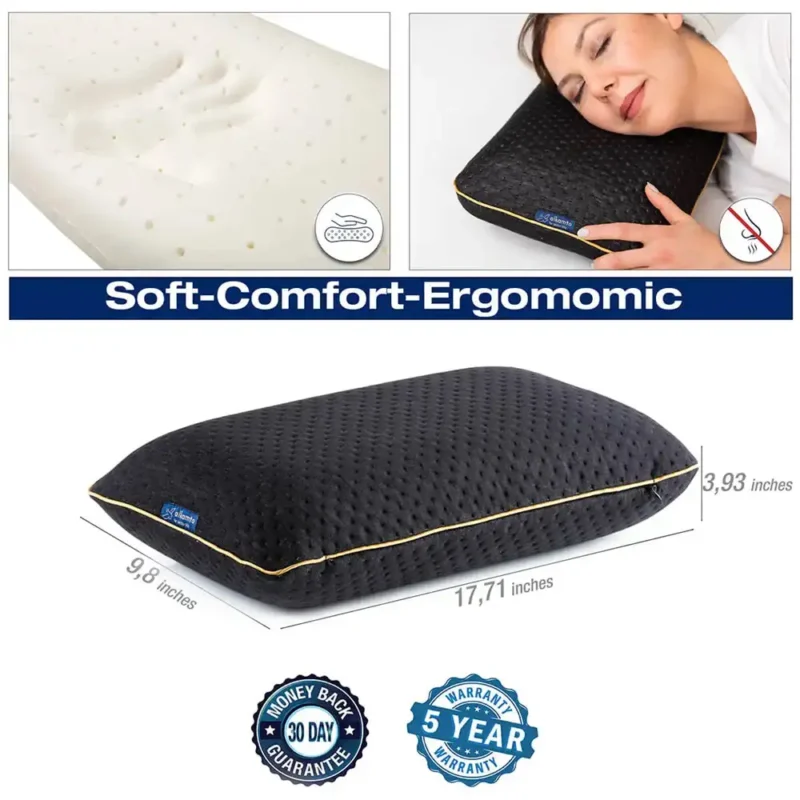 Ein schwarzes Memory Foam Reisekissen mit goldener Umrandung wird mit seinen Massen (45 x 25 x 10 cm) dargestellt. Oben links ist eine Nahaufnahme der Memory-Foam-Struktur, oben rechts schläft eine Frau entspannt auf dem Kissen. Unten sind Garantiesiegel für 30 Tage Geld-zurück und 5 Jahre Garantie zu sehen.