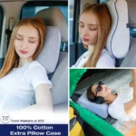 Drei Bilder zeigen eine Frau, die ein Memory Foam Reisekissen nutzt: links im Auto mit grauem Bezug, oben rechts mit weissem Bezug und blauer Umrandung am Autositz, unten rechts entspannt sie mit Kopfhörern auf dem Kissen im Zelt. Der Bezug ist bei 40°C waschbar.